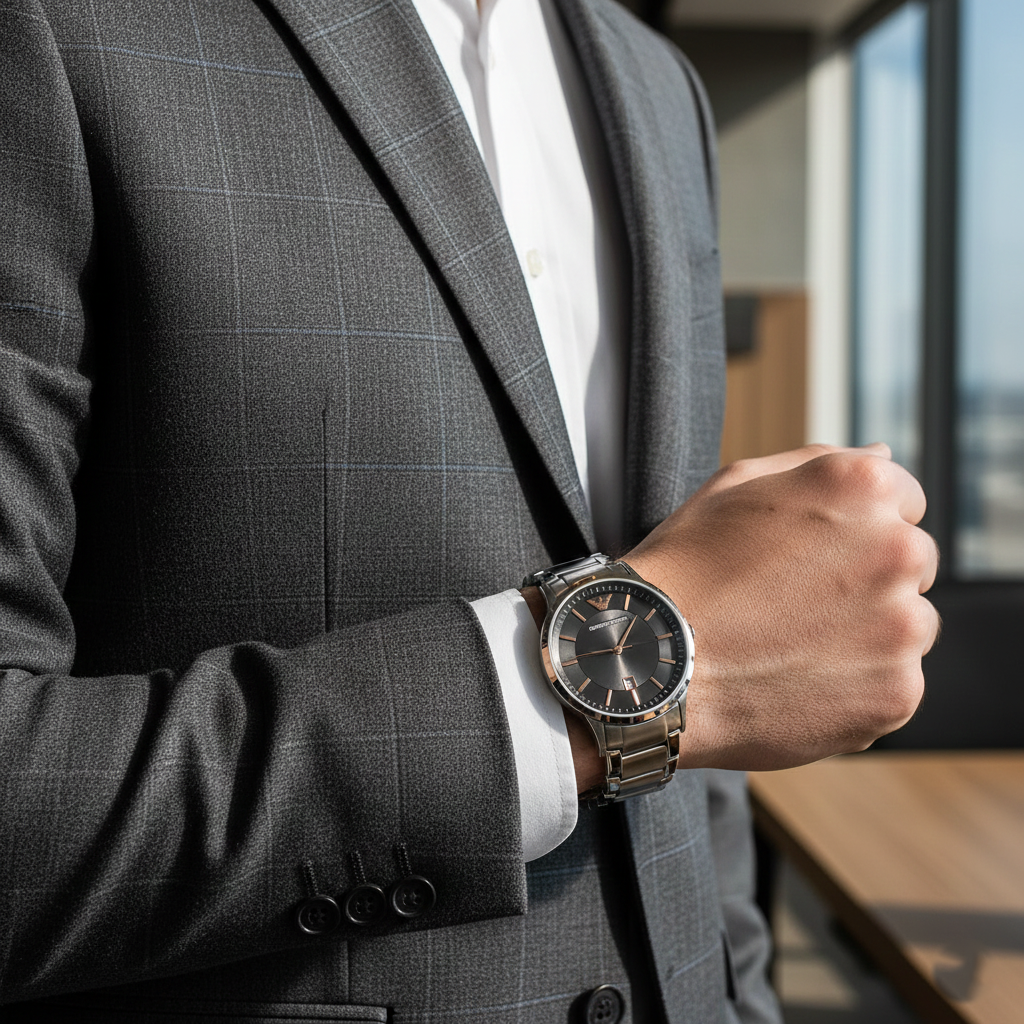 Refined businessman wearing Emporio Armani AR2514 grey watch with rose gold hands