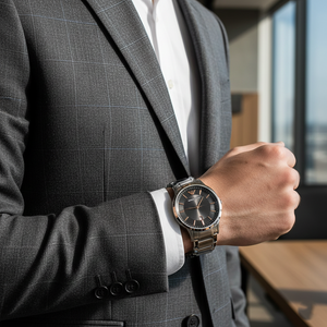 Refined businessman wearing Emporio Armani AR2514 grey watch with rose gold hands