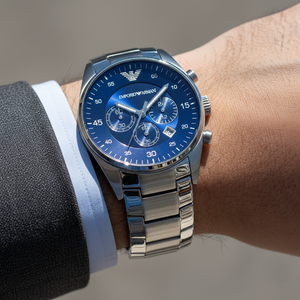 Extreme wrist macro of Armani AR5860 showing blue sunray dial and silver sub-dials