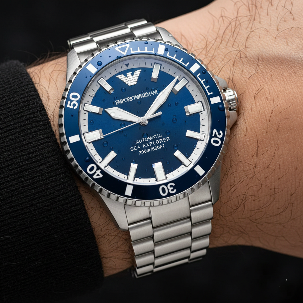 Macro shot of the Armani AR60079 blue dial showing automatic 200m text and silver markers