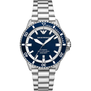 Emporio Armani Sea Explorer AR60079 automatic men's diver watch with deep blue dial and silver bracelet