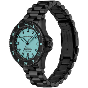 Angled shot of Emporio Armani AR60084 showing the contrast between the black case and turquoise dial