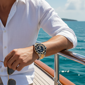 Close up of the black and gold unidirectional rotating timing bezel on the Armani AR60089