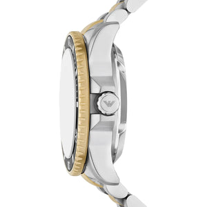 Side view of Emporio Armani AR60089 showing the gold-tone screw-down crown