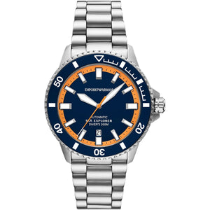 Emporio Armani Sea Explorer AR60090 men's automatic diver watch with blue dial and orange minute ring