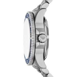 Side view of the silver stainless steel case and screw-down crown of the Armani Sea Explorer AR60090