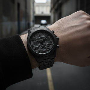 Man wearing Emporio Armani AR11027 black camo watch with technical jacket