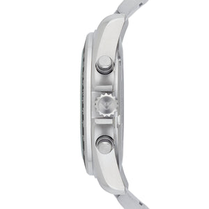 Side view of Emporio Armani AR6098 silver case crown and chronograph pushers
