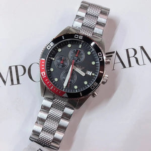 Side view of Emporio Armani AR5855 showing silver crown and chronograph pushers