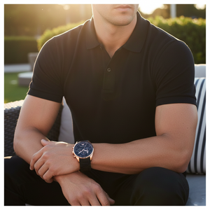 Stylish man wearing Emporio Armani AR5905 rose gold rubber watch with black polo