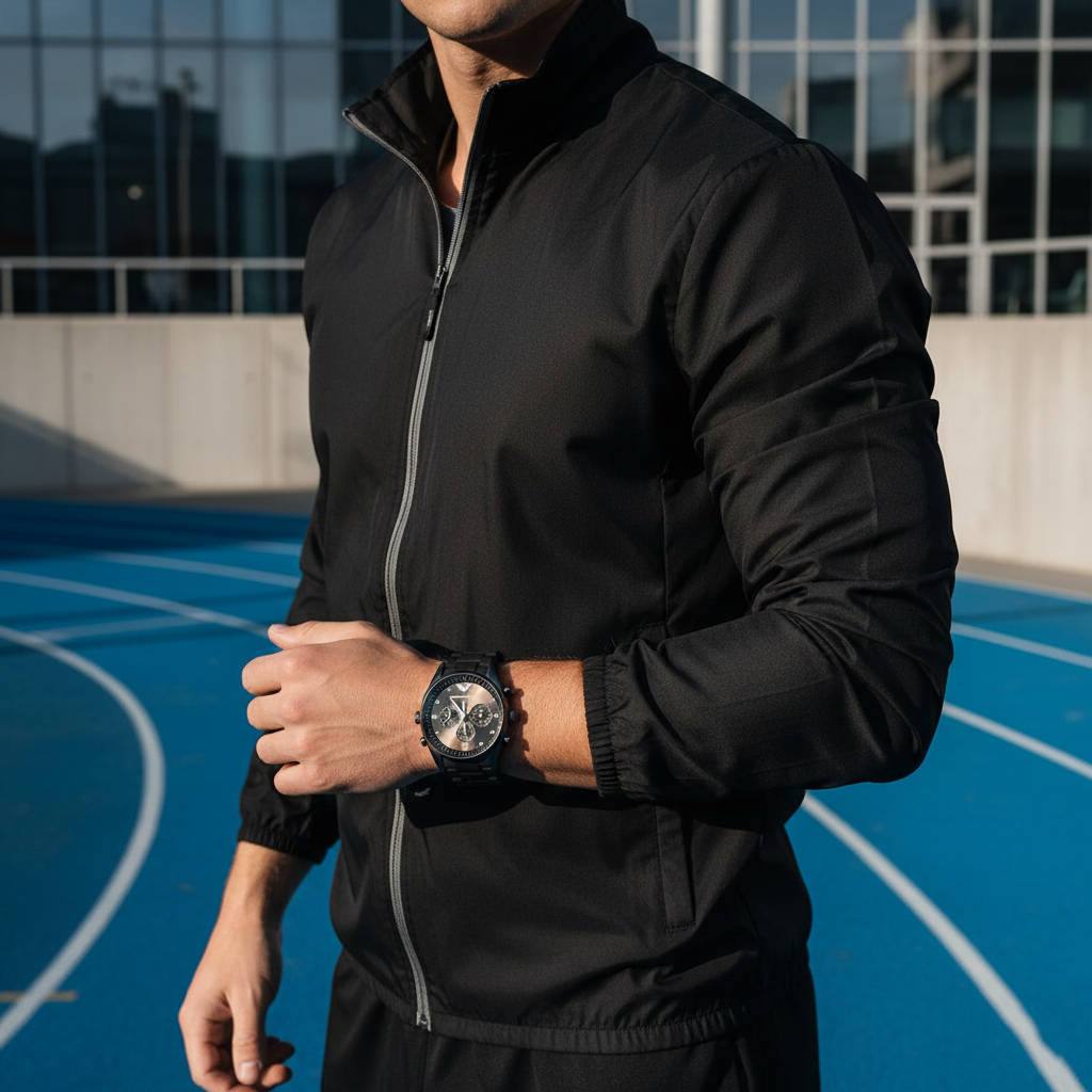 Sporty man wearing Emporio Armani AR5889 rubber watch with black windbreaker