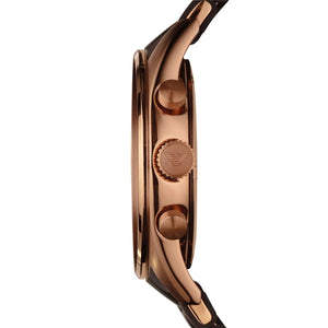 Side view of Emporio Armani AR5890 rose gold case crown and pushers