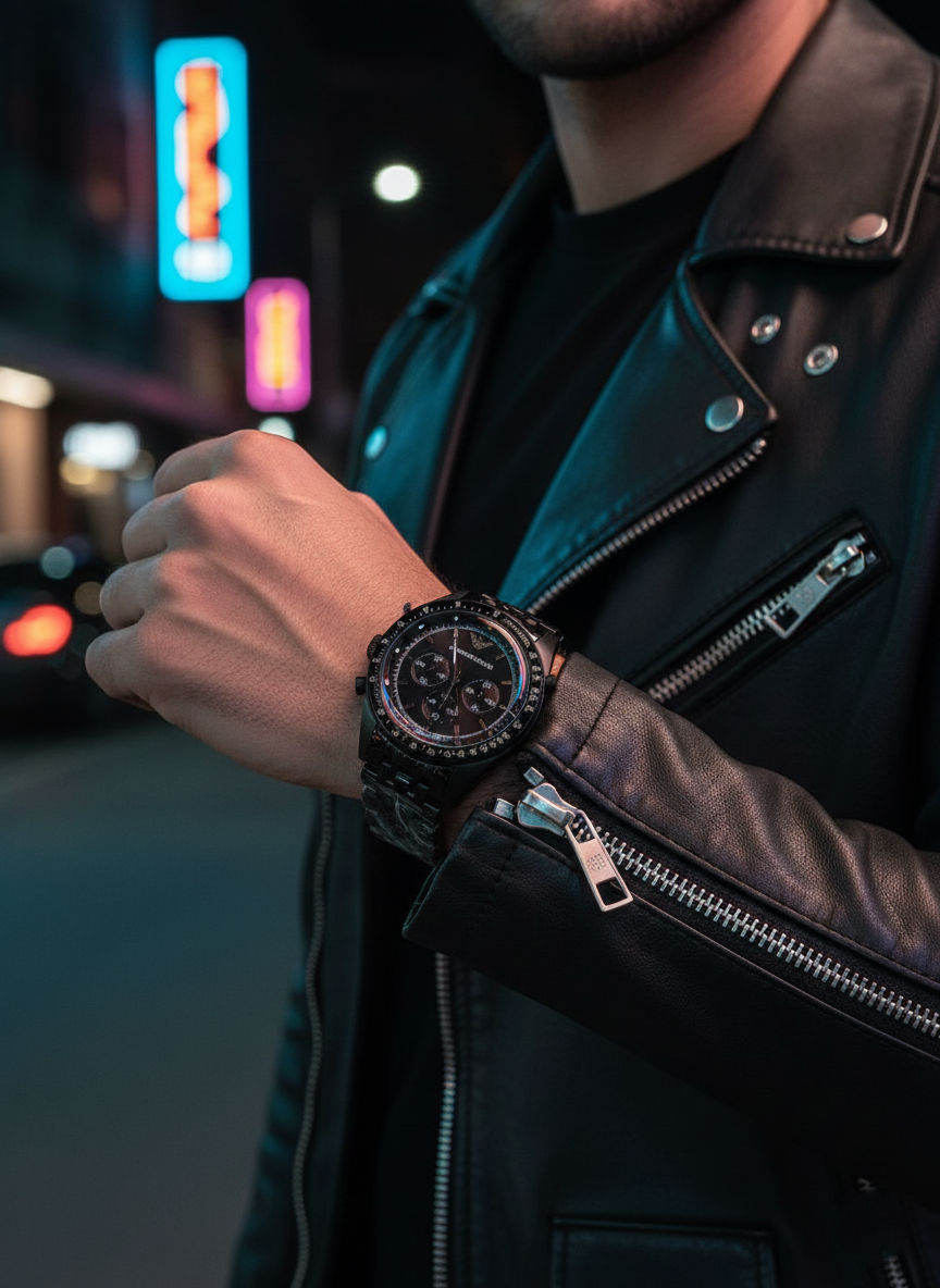 Tough man wearing Emporio Armani AR5989 black metal watch with leather biker jacket