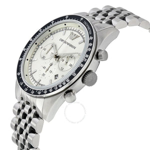 Angled front view of Emporio Armani AR6073 showing black bezel ring and crystal