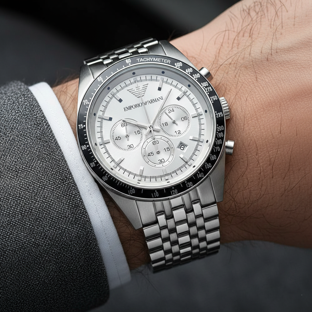 Extreme wrist macro of Armani AR6073 showing intricate multi-link bracelet and bezel