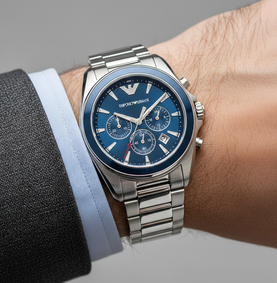 Extreme wrist macro of Armani AR6091 blue dial and silver indices with suit cuff