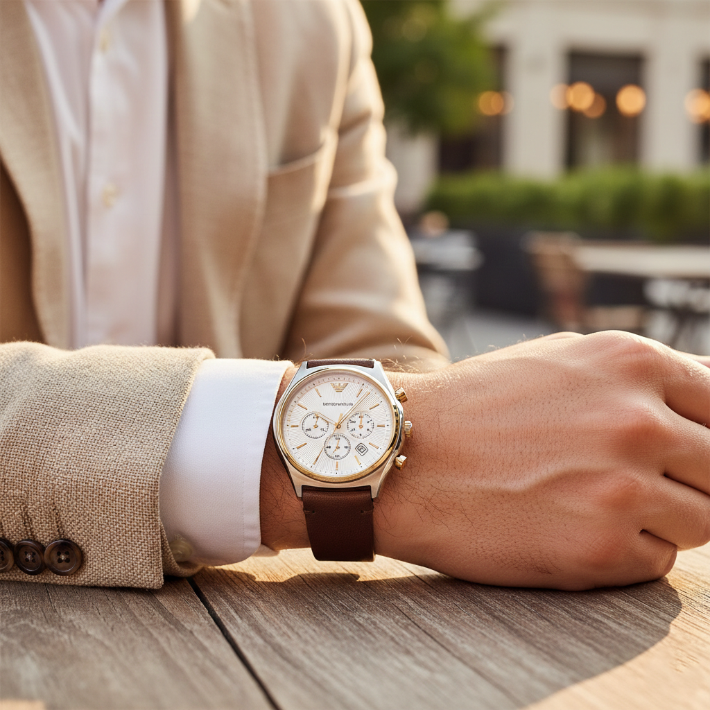 Stylish man wearing Emporio Armani AR11033 two-tone watch with linen blazer