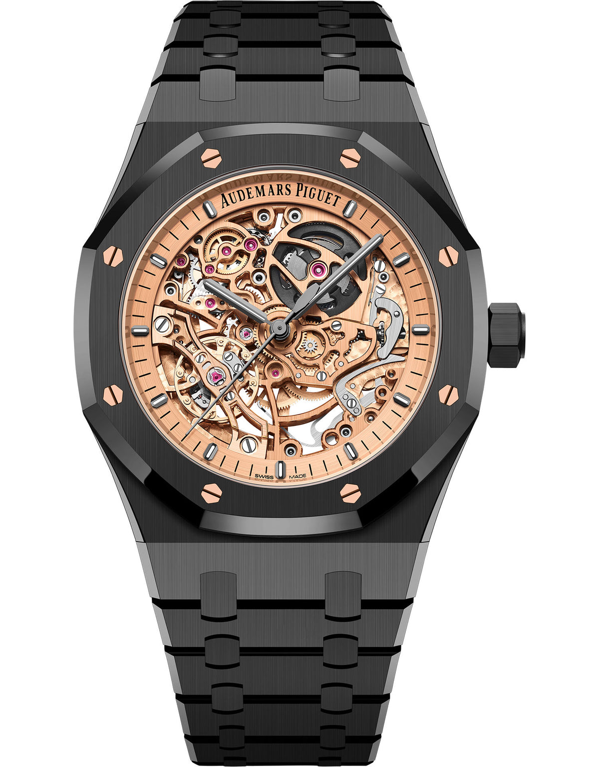 Audemars Piguet Royal Oak 15416CE.OO.1225CE.02 men's automatic watch, openworked dial, black ceramic bracelet – front view