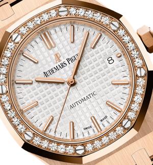 Audemars Piguet Royal Oak 15451OR.ZZ.1256OR.01 women's automatic watch, silver dial, diamond bezel, rose gold bracelet – dial close-up