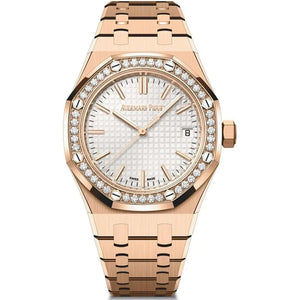 Audemars Piguet Royal Oak 15451OR.ZZ.1256OR.01 women's automatic watch, silver dial, diamond bezel, rose gold bracelet – front view