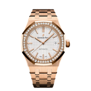 Audemars Piguet Royal Oak 15451OR.ZZ.1256OR.01 women's automatic watch, silver dial, diamond bezel, rose gold bracelet – full front view