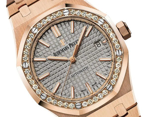 Audemars Piguet Royal Oak 15451OR.ZZ.1256OR.02 women's automatic watch, grey dial, diamond bezel, rose gold bracelet – angle close-up