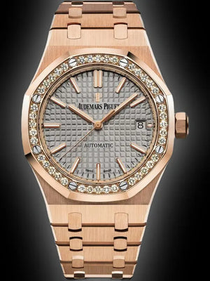 Audemars Piguet Royal Oak 15451OR.ZZ.1256OR.02 women's automatic watch, grey dial, diamond bezel, rose gold bracelet – front view on dark background