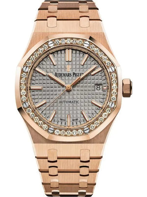 Audemars Piguet Royal Oak 15451OR.ZZ.1256OR.02 women's automatic watch, grey dial, diamond bezel, rose gold bracelet – front view