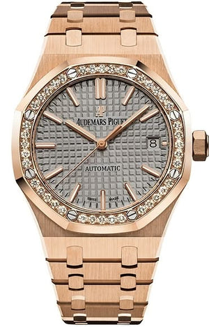 Audemars Piguet Royal Oak 15451OR.ZZ.1256OR.02 women's automatic watch, grey dial, diamond bezel, rose gold bracelet – full front view