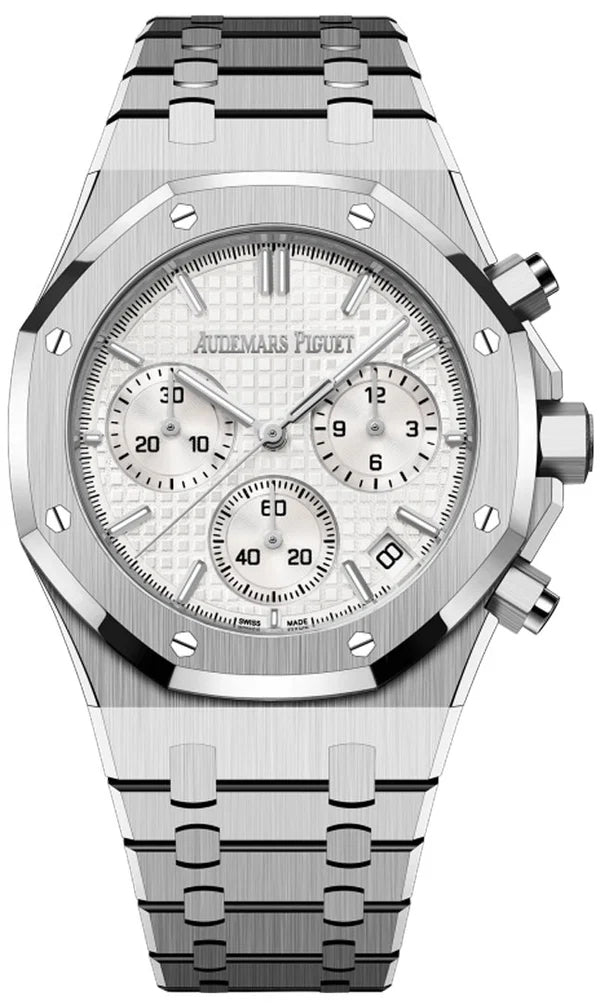 Audemars Piguet Royal Oak 26320ST.OO.1220ST.02 men's chronograph watch, silver dial, silver stainless steel bracelet – full front view