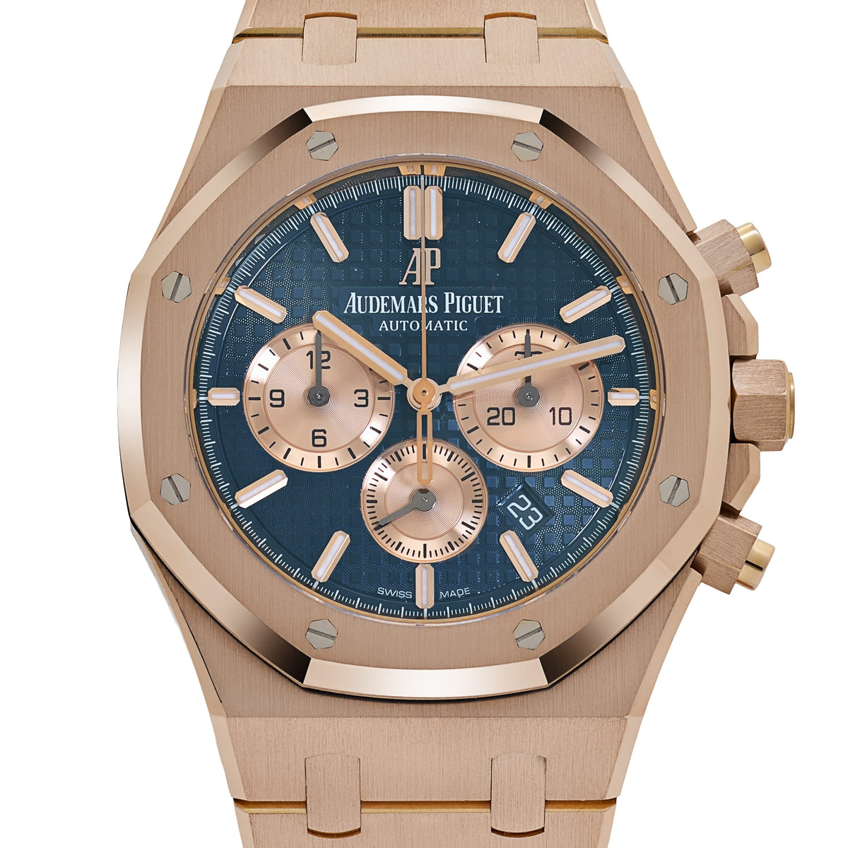 Audemars Piguet Royal Oak 26331OR.OO.1220OR.01 men's chronograph watch, blue dial, rose gold bracelet – front close-up