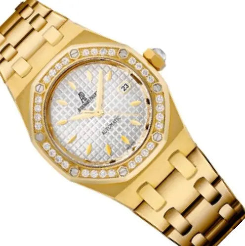 Audemars Piguet Royal Oak 67651BA.ZZ.1261BA.01 women's quartz watch, silver dial, diamond bezel, yellow gold bracelet – angle close-up