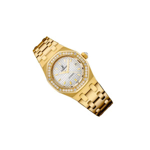 Audemars Piguet Royal Oak 67651BA.ZZ.1261BA.01 women's quartz watch, silver dial, diamond bezel, yellow gold bracelet – angle view
