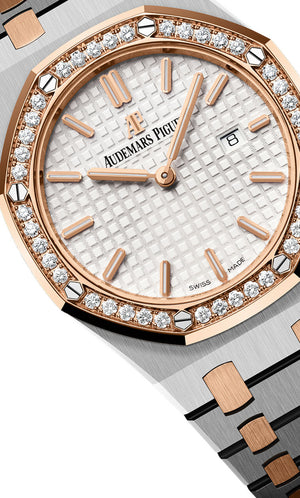 Audemars Piguet Royal Oak 67651SR.ZZ.1261SR.01 women's quartz watch, silver dial, diamond bezel, two-tone stainless steel bracelet – front close-up