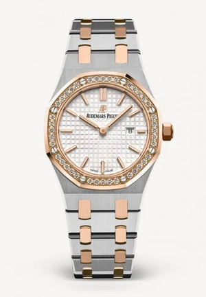 Audemars Piguet Royal Oak 67651SR.ZZ.1261SR.01 women's quartz watch, silver dial, diamond bezel, two-tone stainless steel bracelet – full front view