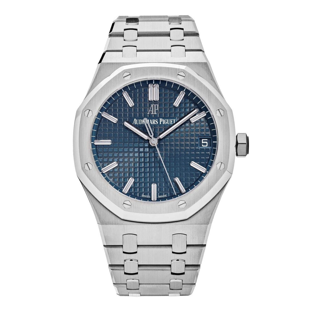 Audemars Piguet Royal Oak men's automatic watch, 41mm case, blue dial, silver stainless steel bracelet – front view