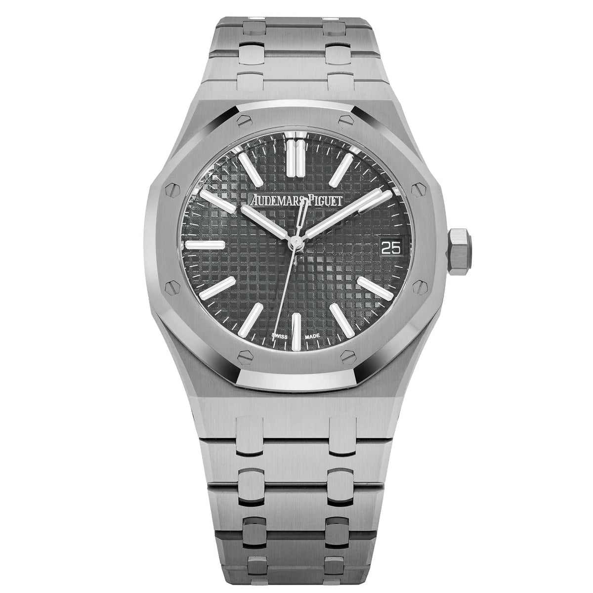 Audemars Piguet Royal Oak men's automatic watch, 41mm case, grey dial, silver stainless steel bracelet – front view