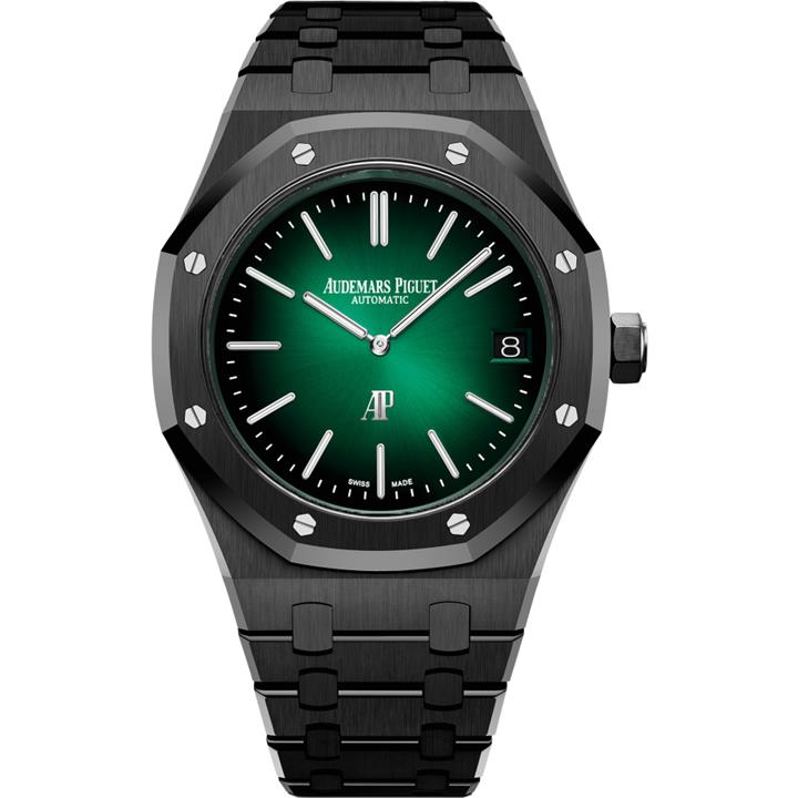 Audemars Piguet Royal Oak men's automatic watch, green gradient dial, black bracelet – full front view