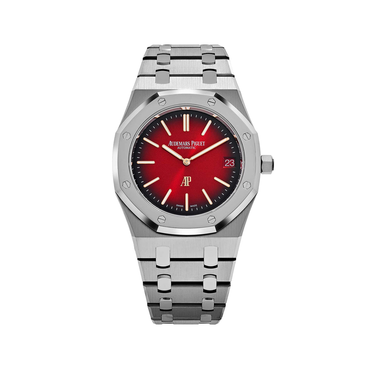 Audemars Piguet Royal Oak men's automatic watch, red gradient dial, silver stainless steel bracelet – full front view