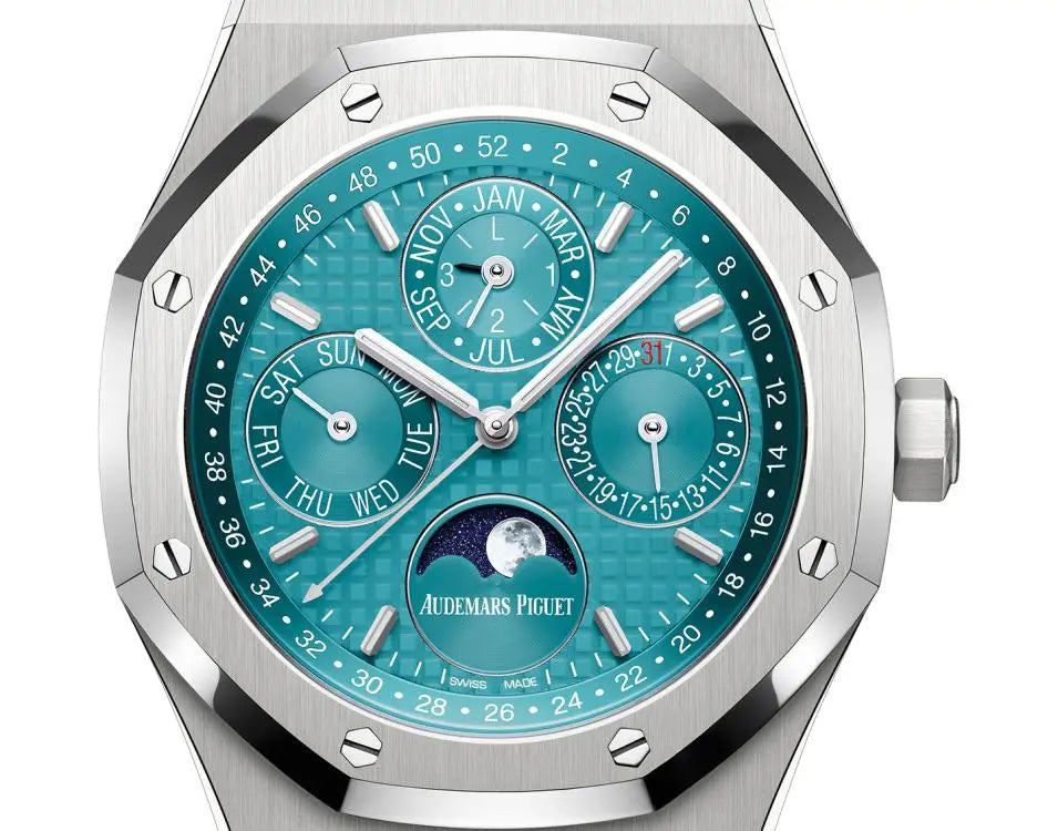 Audemars Piguet Royal Oak men's perpetual calendar watch, turquoise dial, silver stainless steel bracelet – dial close-up