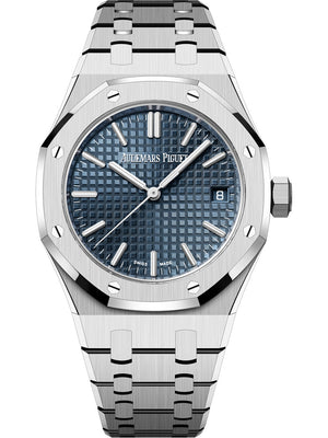 Audemars Piguet Royal Oak women's automatic watch, blue dial, silver stainless steel bracelet – front view