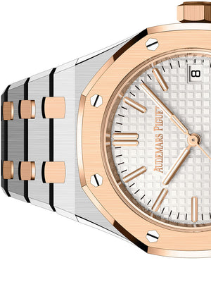 Audemars Piguet Royal Oak women's automatic watch, silver dial, two-tone stainless steel bracelet – side close-up