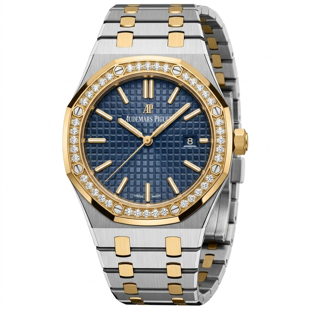 Audemars Piguet Royal Oak women's quartz watch, 33mm case, blue dial, diamond bezel, two-tone gold steel strap – view 2