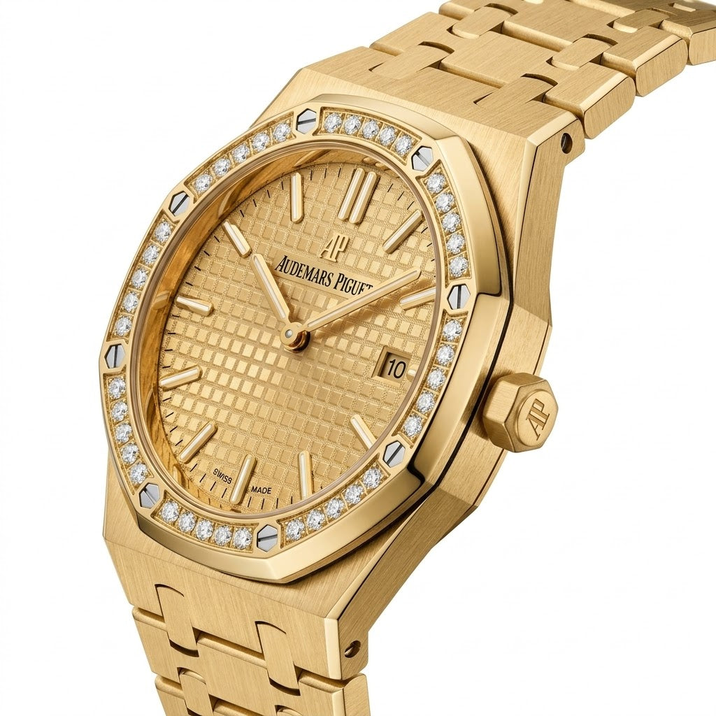 Audemars Piguet Royal Oak women's quartz watch, 33mm case, gold dial, diamond bezel, yellow gold strap – view 2