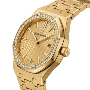 Audemars Piguet Royal Oak women's quartz watch, 33mm case, gold dial, diamond bezel, yellow gold strap – view 2