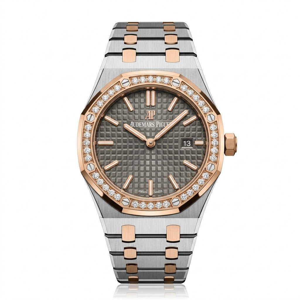 Audemars Piguet Royal Oak women's quartz watch, 33mm case, grey dial, diamond bezel, two-tone rose gold steel strap – view 2