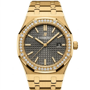 Audemars Piguet Royal Oak 33mm Women's Quartz Watch – Grey Dial, Diamond Bezel & Yellow Gold Strap