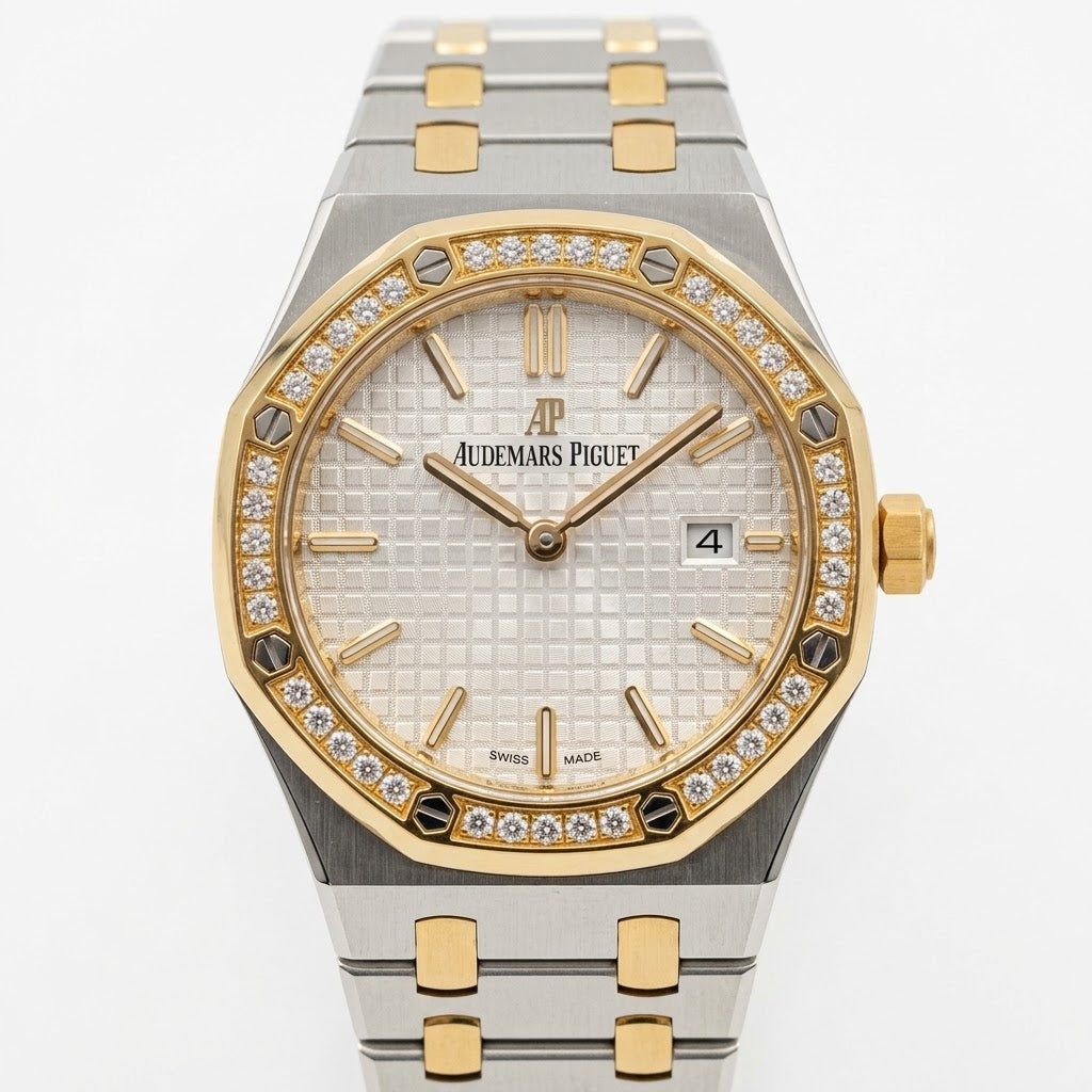 Audemars Piguet Royal Oak women's quartz watch, 33mm case, silver dial, diamond bezel, two-tone gold steel strap – view 2