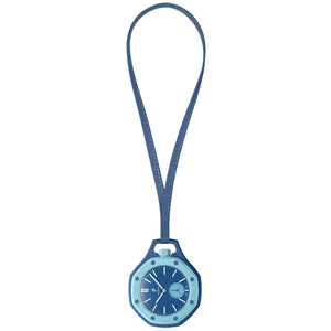 Blue lanyard with a round blue device on a white background