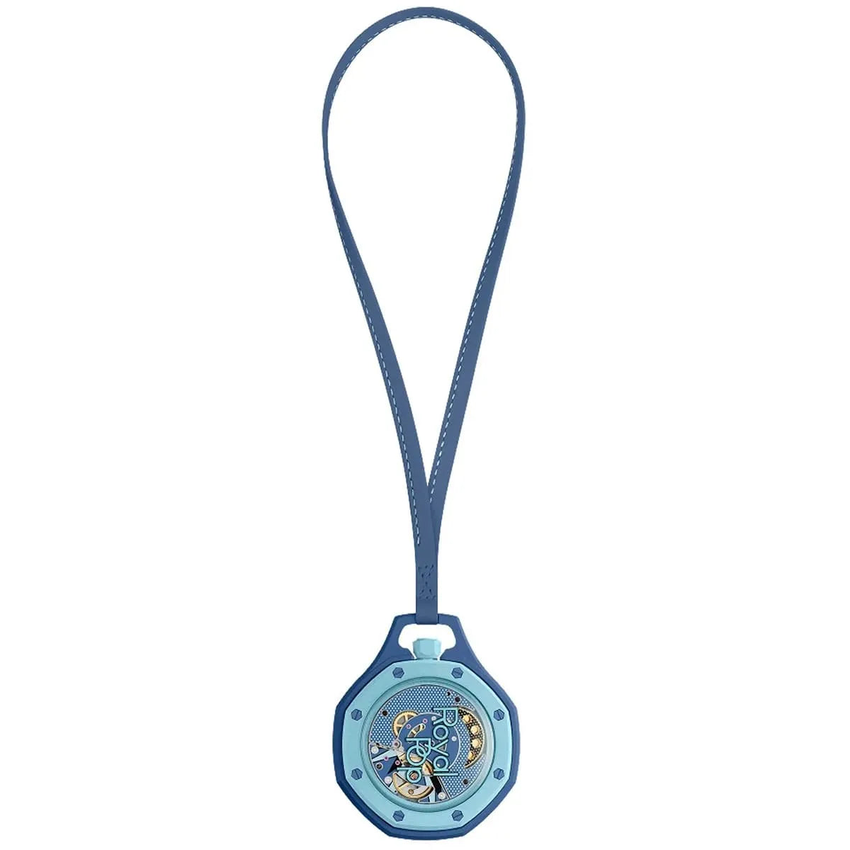 Blue lanyard with a decorative pendant on a white background